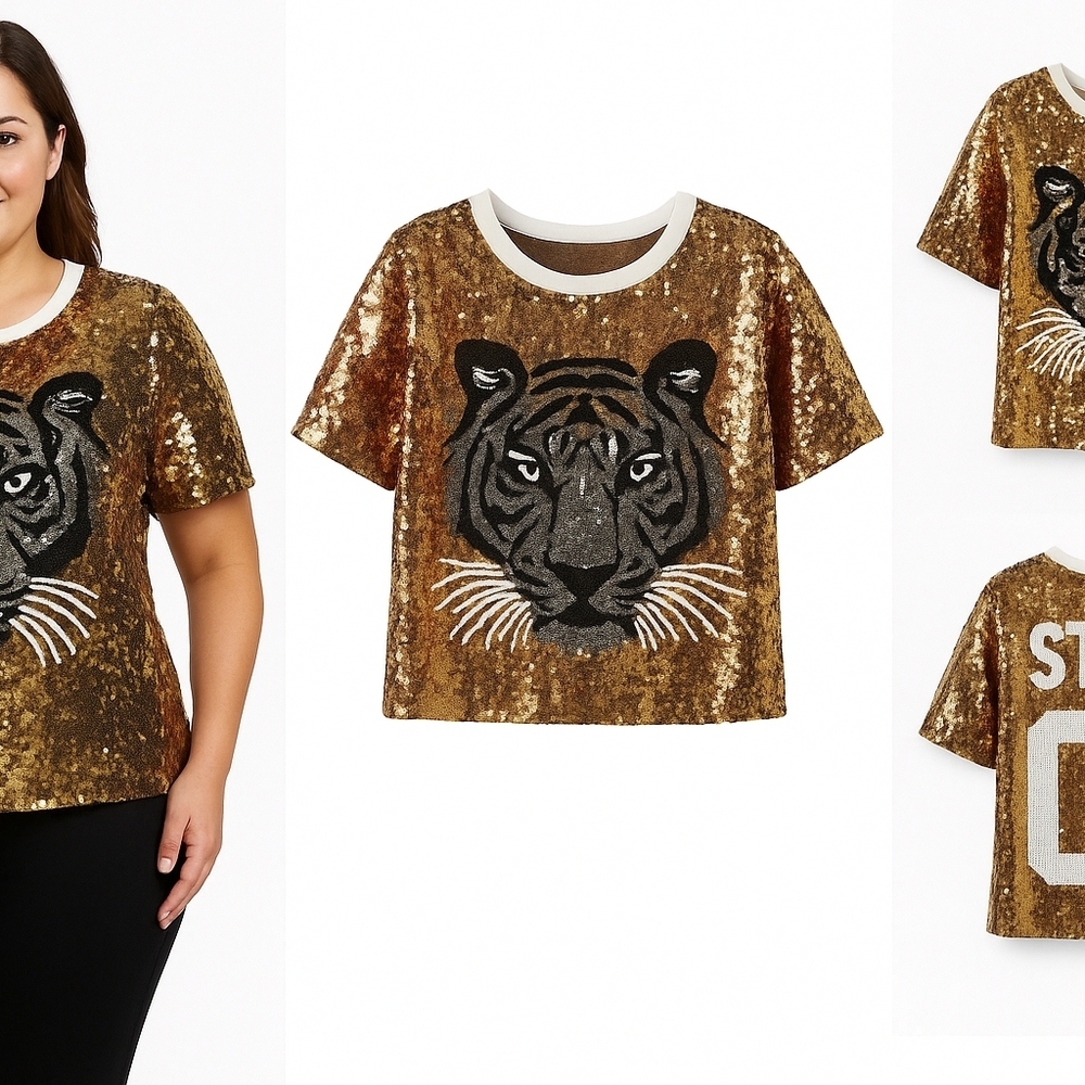 Gold Sequin Tiger Statement Top – Size XL